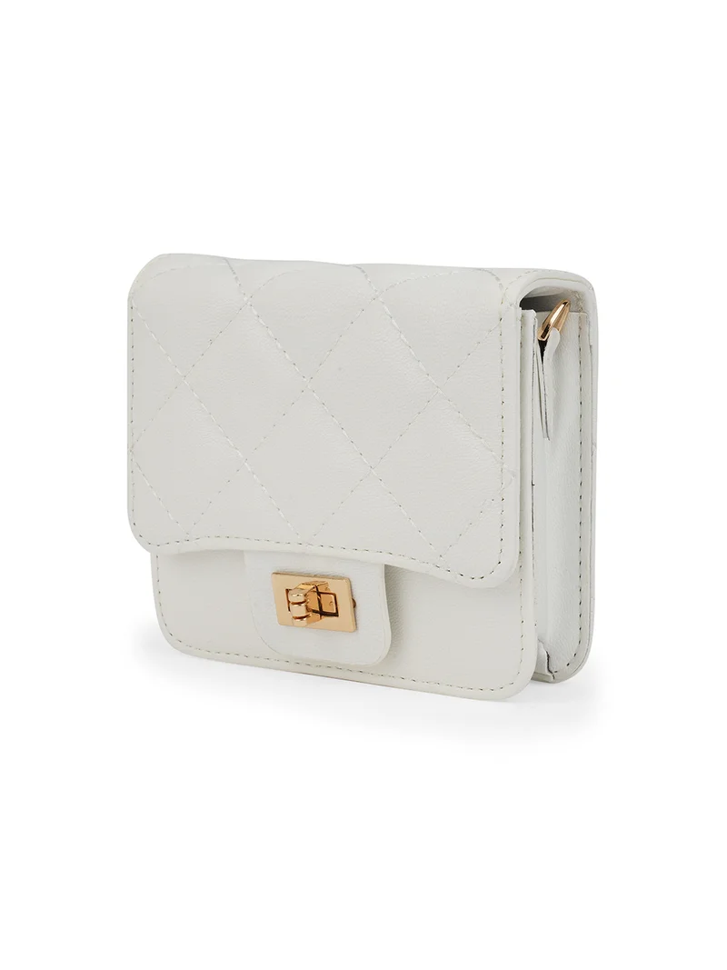 جلو باص Globus Women White Puffed Quilted Twistlock Small Square Party Sling Bag With Detachable Chain Strap